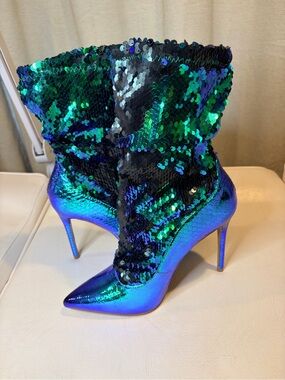 Iridescent Blue-Green Sequin Pointed Stiletto Boots